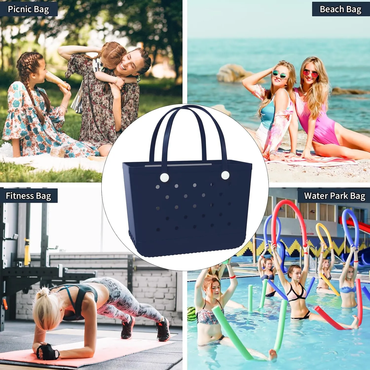 X-Large Rubber Beach Bag Tote Bag with Waterproof Zipper Inner Bag, Washable Durable Tote Bag Storage bags