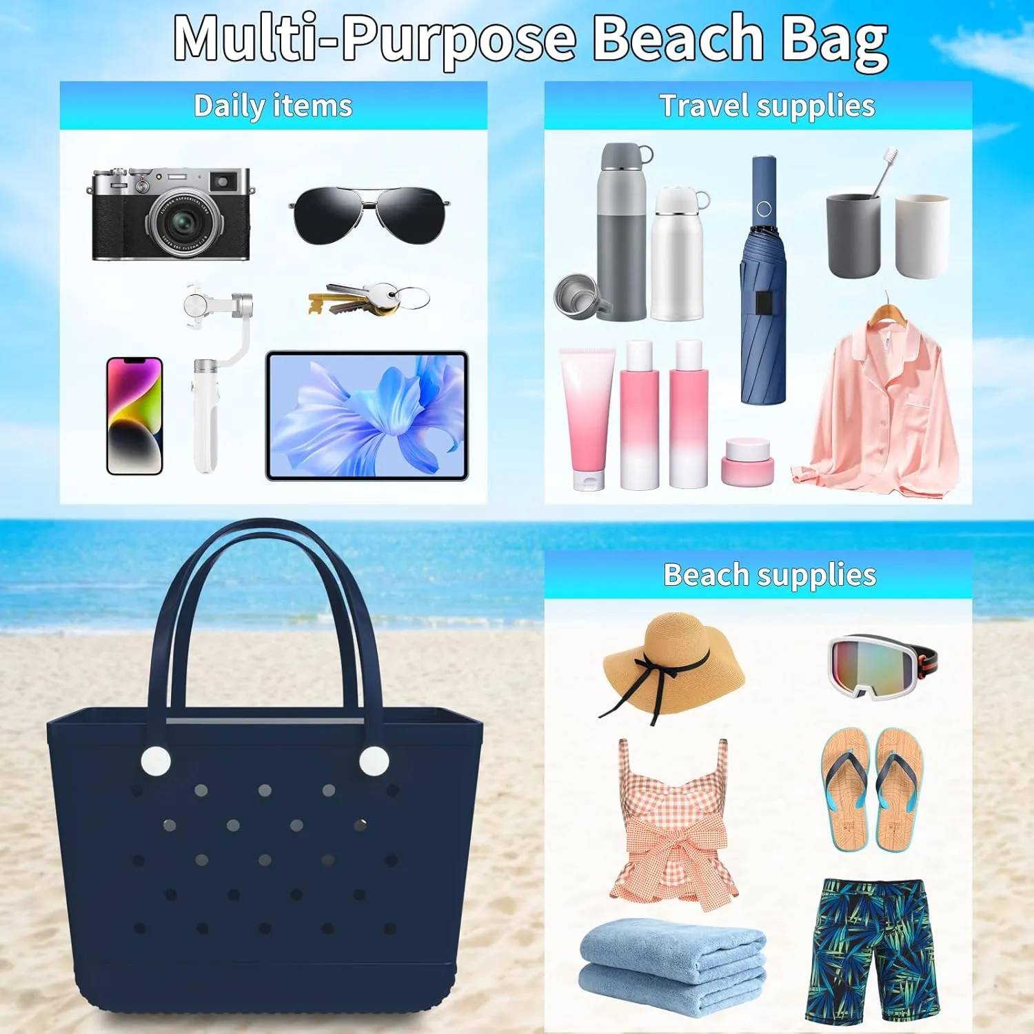 X-Large Rubber Beach Bag Tote Bag with Waterproof Zipper Inner Bag, Washable Durable Tote Bag Storage bags