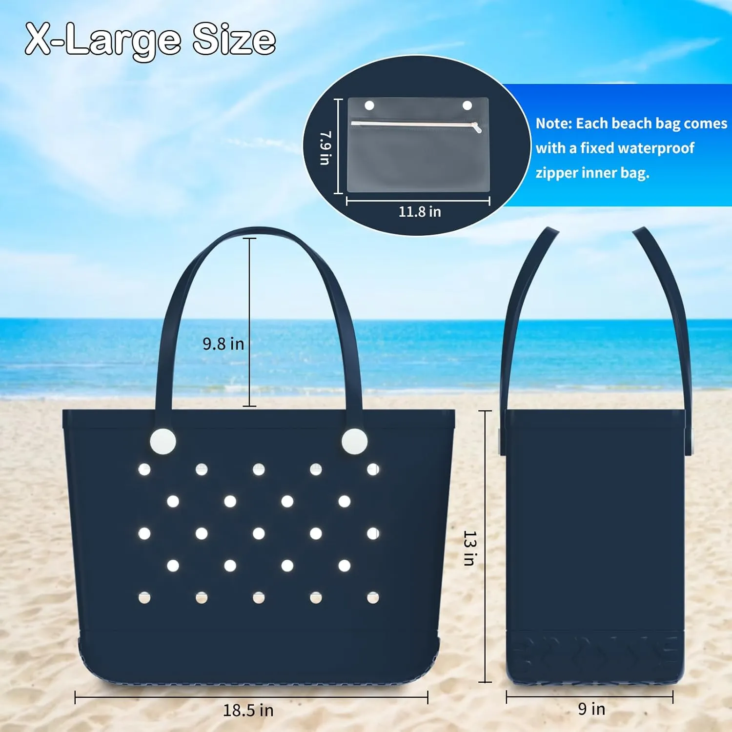 X-Large Rubber Beach Bag Tote Bag with Waterproof Zipper Inner Bag, Washable Durable Tote Bag Storage bags