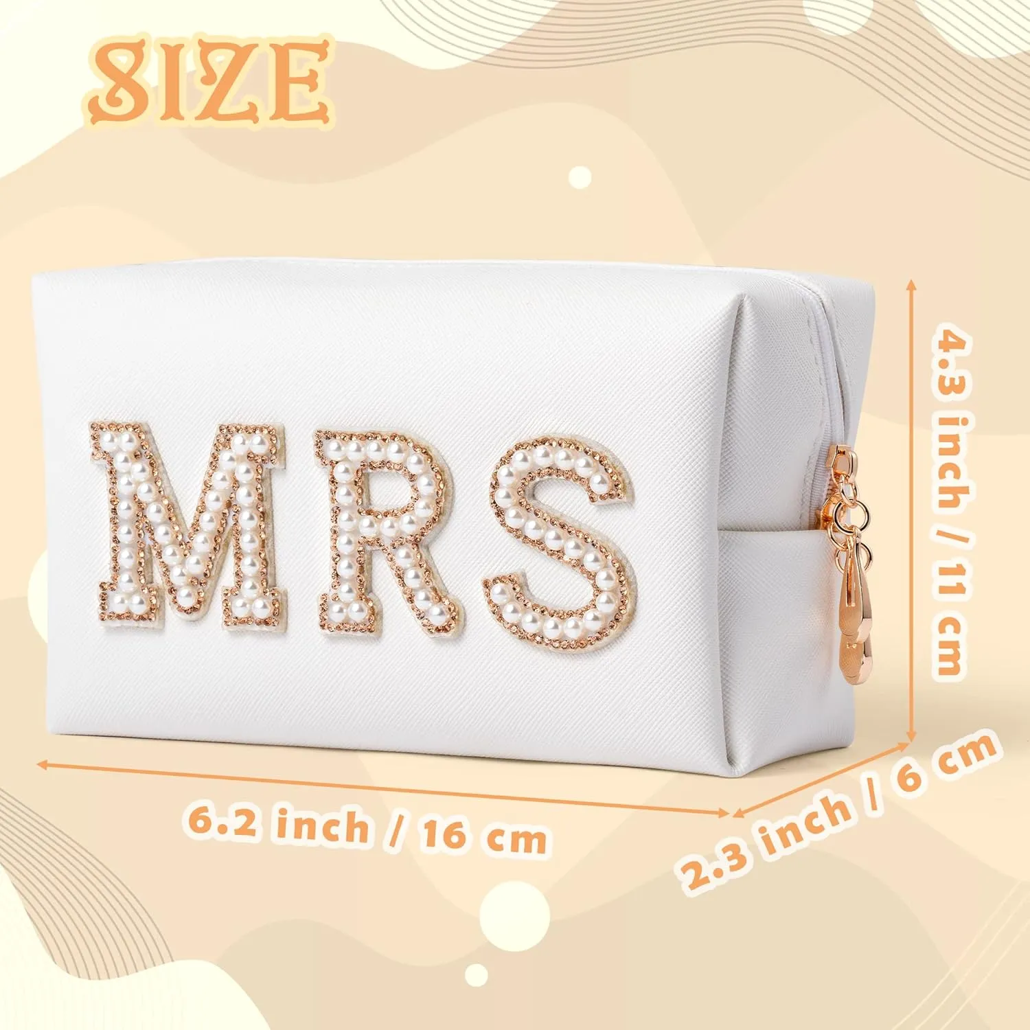 Y1tvei Gold MRS Letter Patch Cosmetic Toiletry Bag Pearl Rhinestone Varsity Letter Patches PU Leather Bride Makeup Bag Waterproof Portable Zipper Clutch Purse Travel Organizer for Women Christmas
